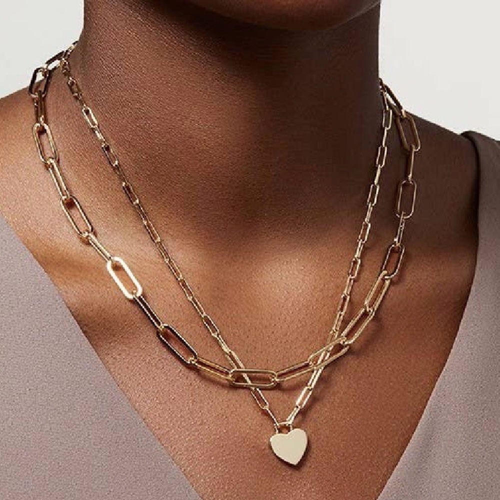 NWT Double Chain Layered Heart Pendant Charm Necklace Gold - Picture 5 of 7
